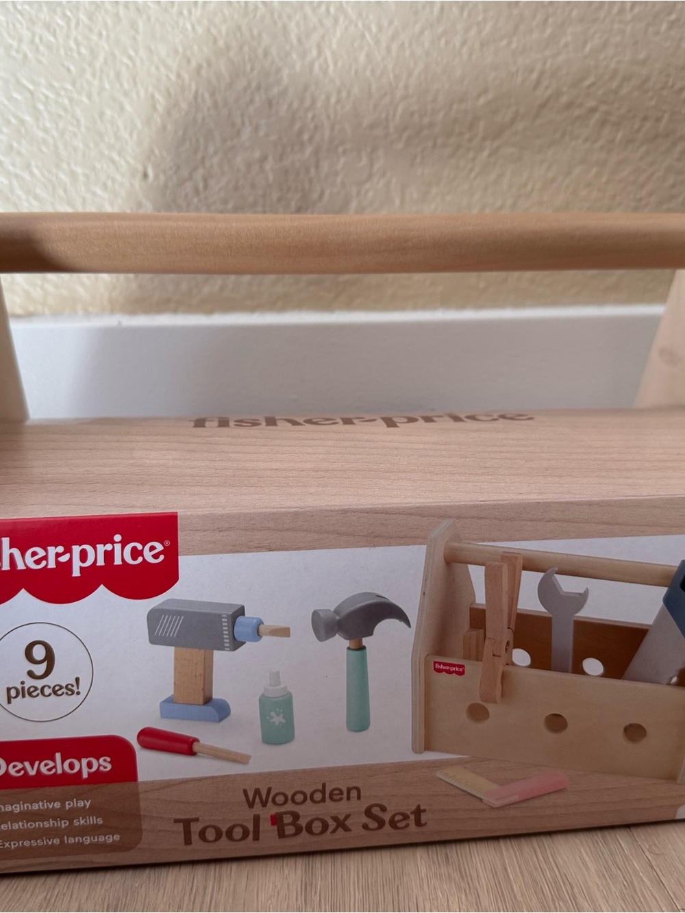 Fisher-Price Wooden Tool Box Set - Natural Wood with Red Accent
